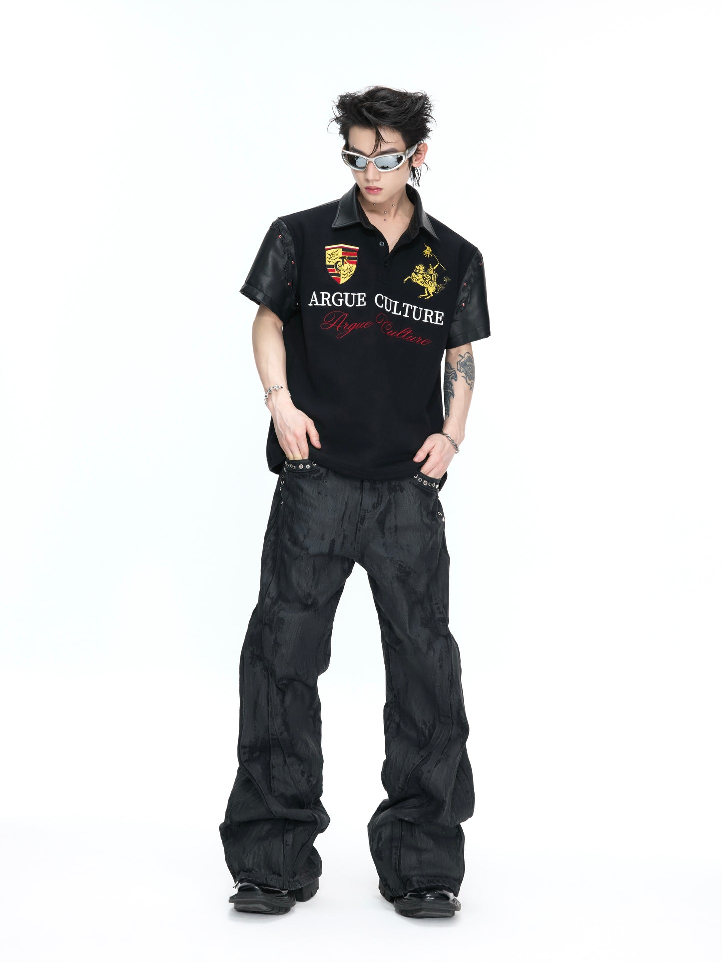 PU Leather Patchwork Embroidery Stud Short Sleeve T-Shirt WN26982