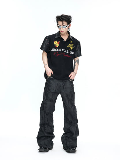 PU Leather Patchwork Embroidery Stud Short Sleeve T-Shirt WN26982