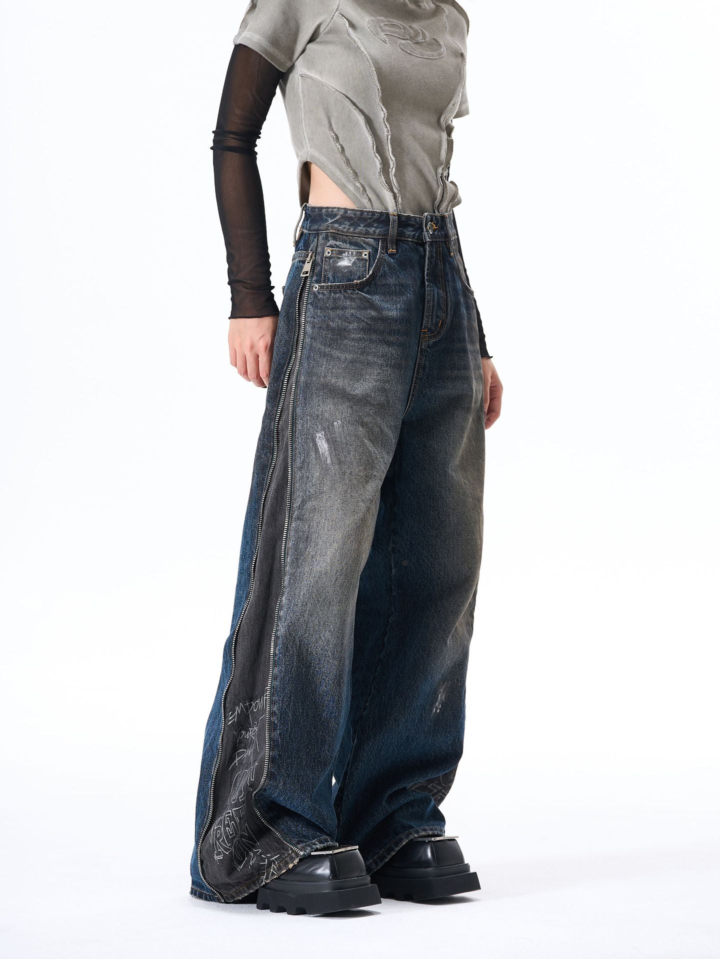 Panel Wash Wide Leg Denim Jeans WN23107