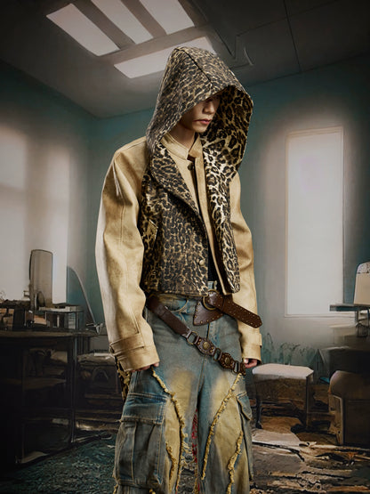 Deconstruction Patchwork Leopard Hooded PU Leather Jacket WN21381