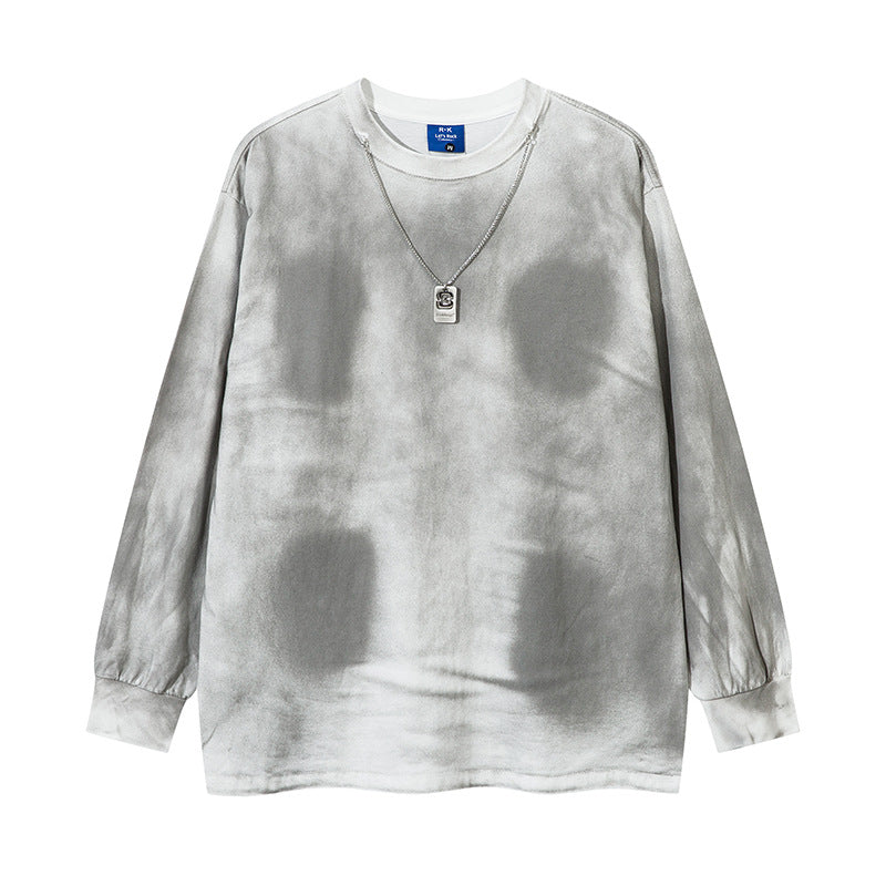 Tie-Dye Washed Necklace Detail Long Sleeve T-Shirt WN11514