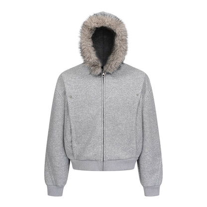 Fake Fur Collar Deconstructed Short Length Oversize Hoodie WN24236