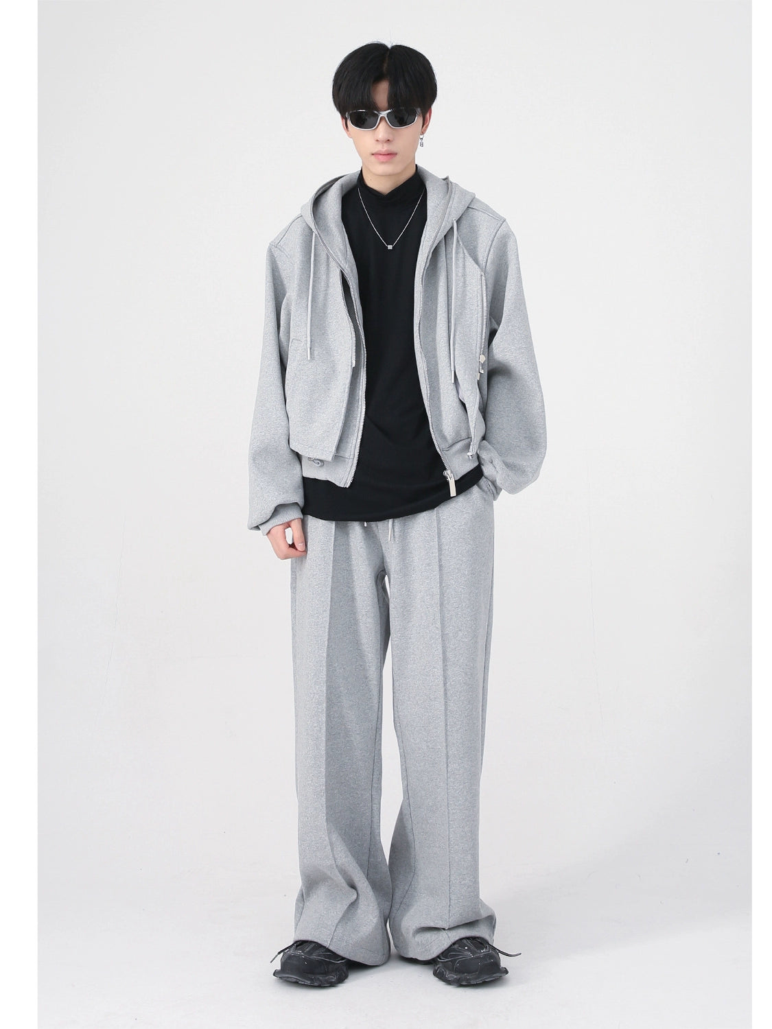 Fake Layered Short Zipper Hoodie & Tuck-in Wide-Leg Sweatpants Setup WN9378