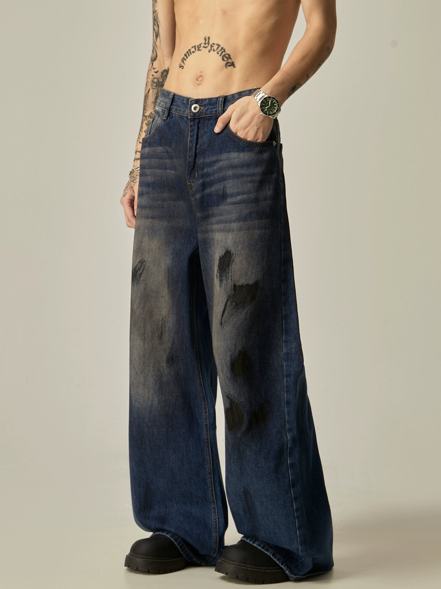 Splash Ink Wide-Leg Straight Denim Jeans WN7761