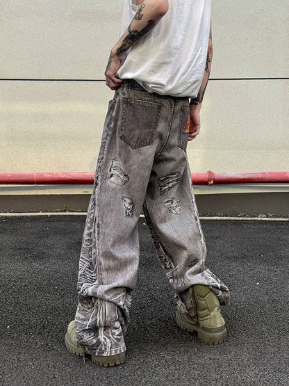 3D Print Damage Wide Leg Denim Jeans WN21156