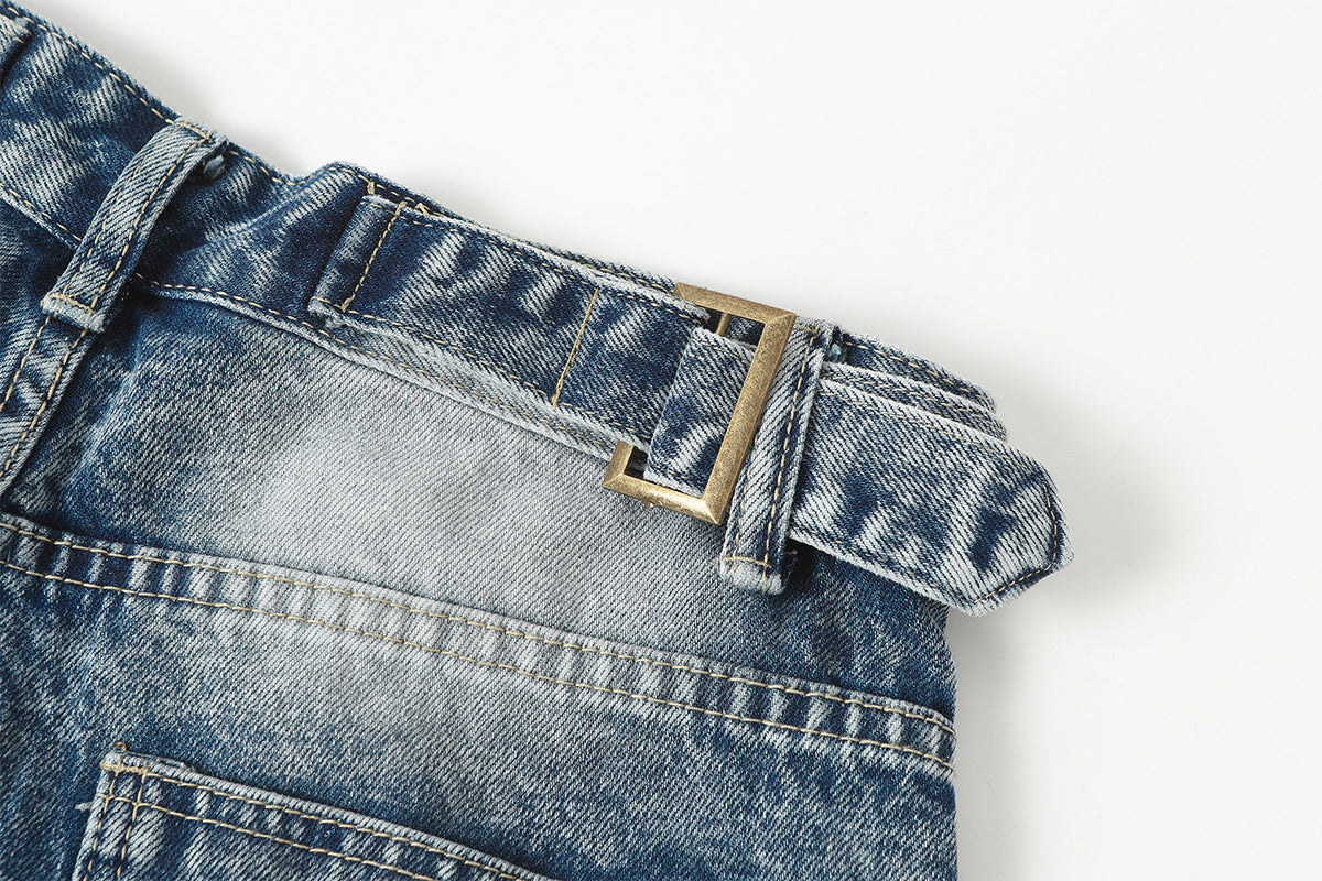 Washed Damage Splice Wide Leg Denim Jeans WN25742