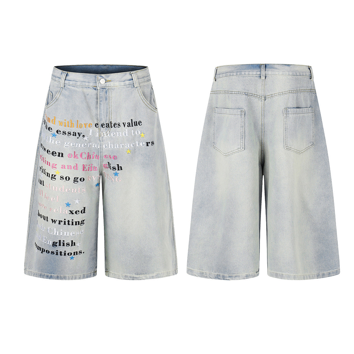 Letter Star Print Denim Half Jeans WN25412