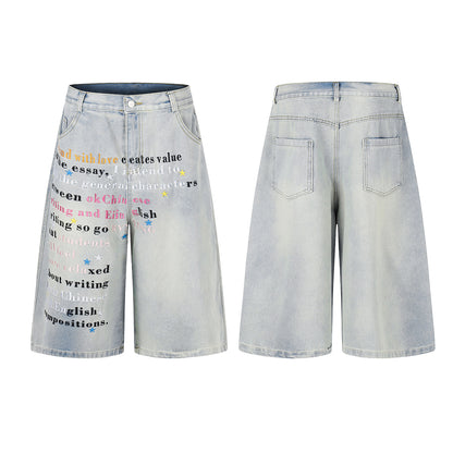 Letter Star Print Denim Half Jeans WN25412