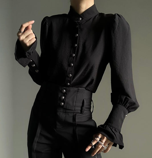 Standing-Collar Drape Design Long Sleeve Shirt WN23121