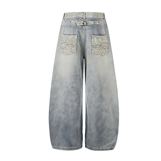 Leopard Print Curved Wide Leg Denim Jeans WN25702