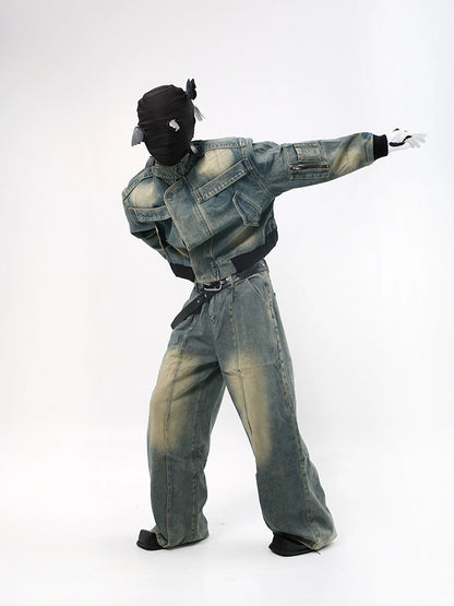 Deconstructed Patchwork Denim Jacket & Denim Jeans Setup WN18708