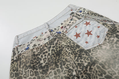 Allover Leopard Print Wide Leg Short Denim Jeans WN25650