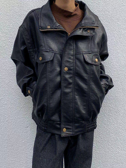 Lapel Oversize PU Leather Zipper Jacket WN19951