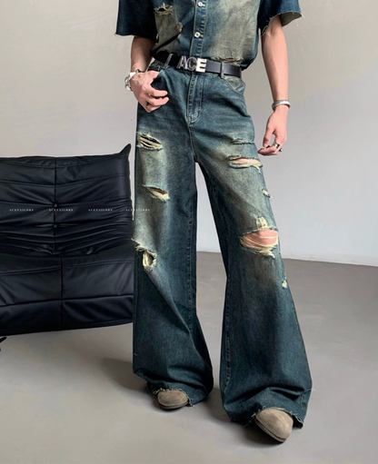 Washed Damage Wide Leg Denim Jeans & Denim Jacket Setup WN20087