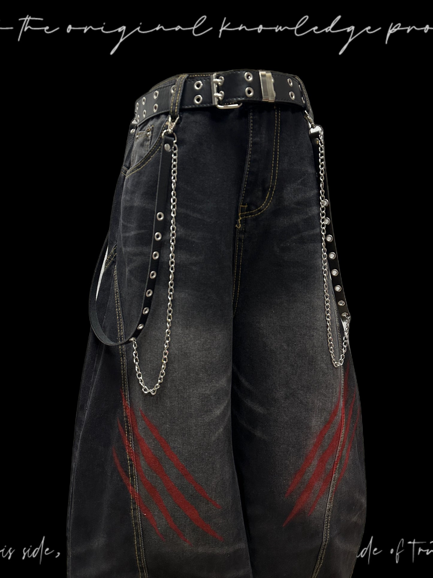 Washed Whisker Scratch Wide Leg Denim Jeans & Belt & Chain WN20117