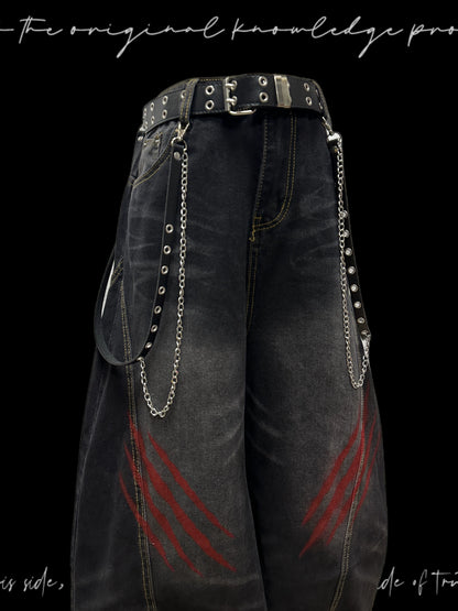 Washed Whisker Scratch Wide Leg Denim Jeans & Belt & Chain WN20117