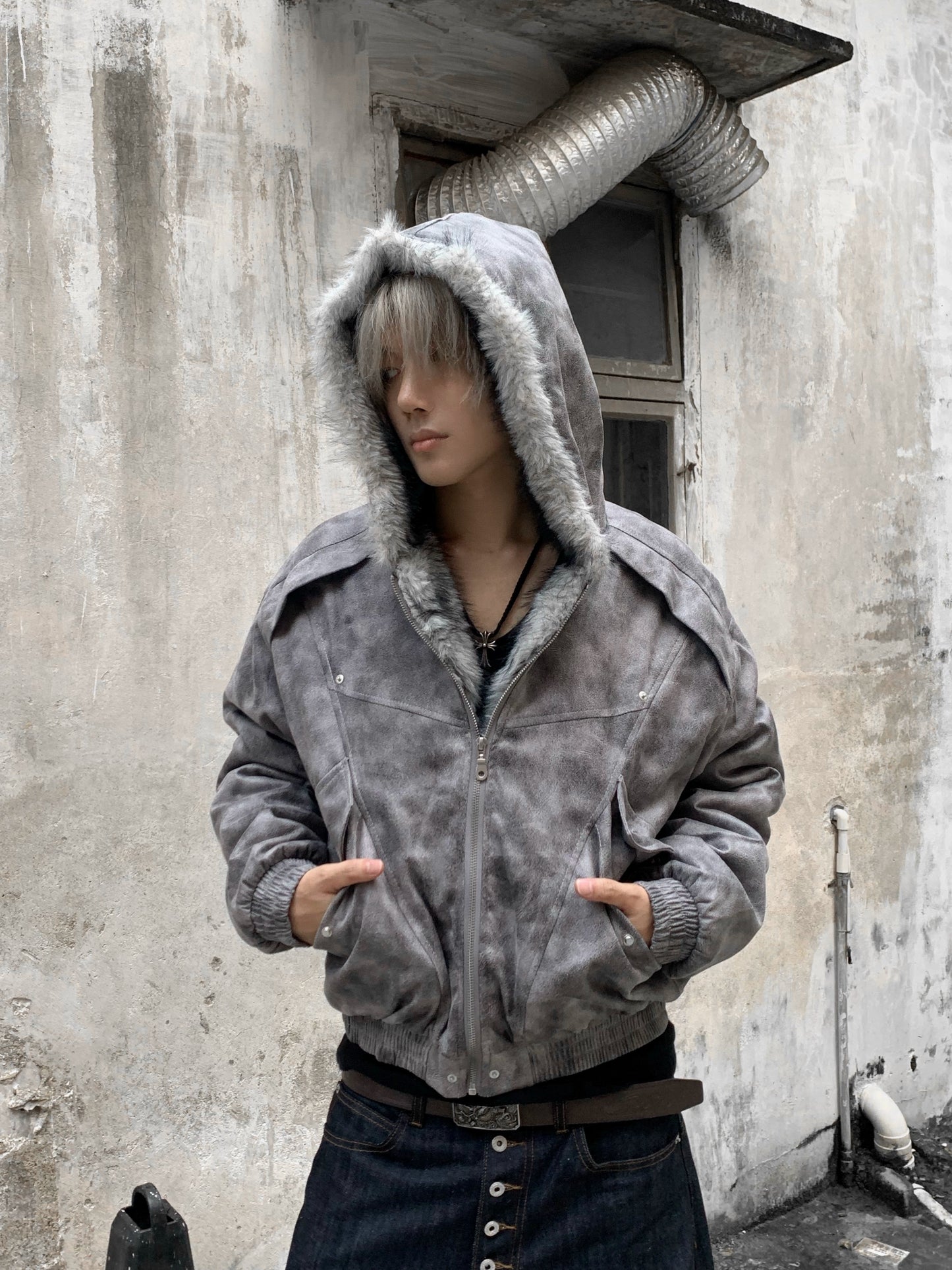 Washed Fake Fur-Collar Hooded Jacket WN22219