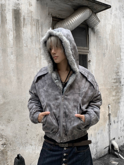 Washed Fake Fur-Collar Hooded Jacket WN22219