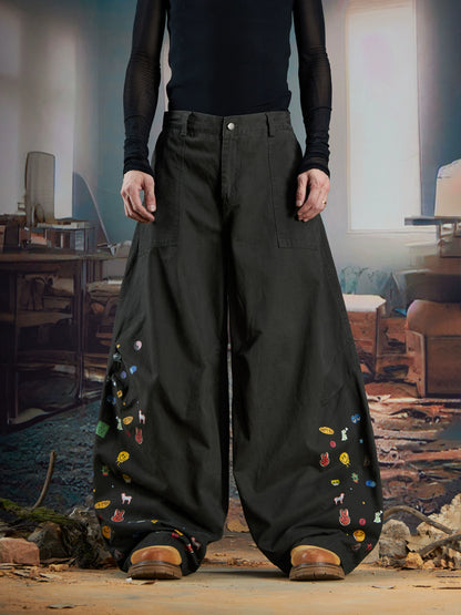Cartoon Embroidery Wide Leg Pants WN21366