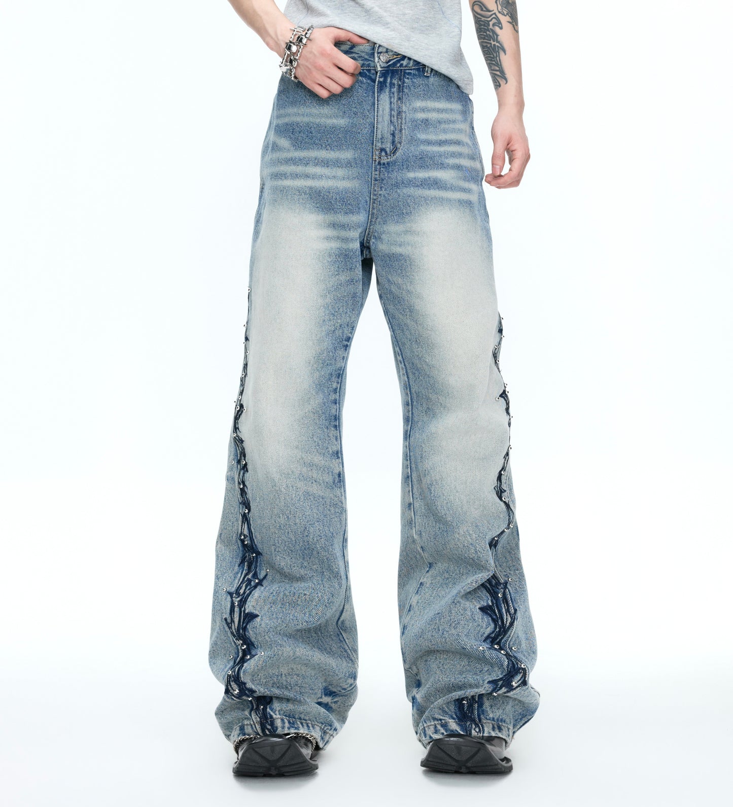 3D Embroidery Rivet Wash Wide Leg Denim Jeans WN26978
