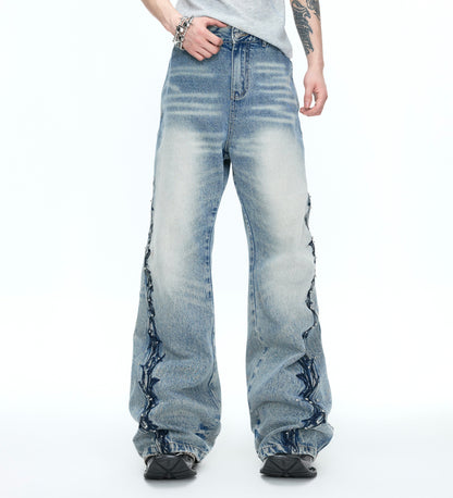 3D Embroidery Rivet Wash Wide Leg Denim Jeans WN26978