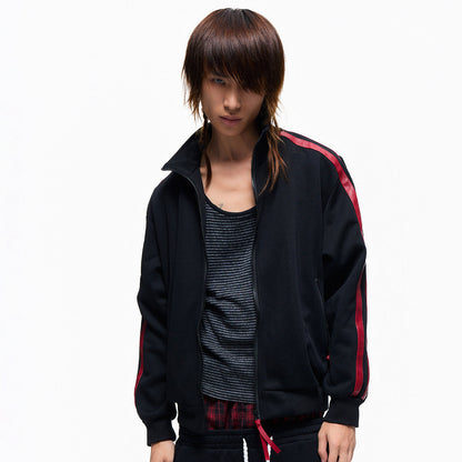 Contrast Textured PU Leather Webbing Stand Neck Jacket WN27295
