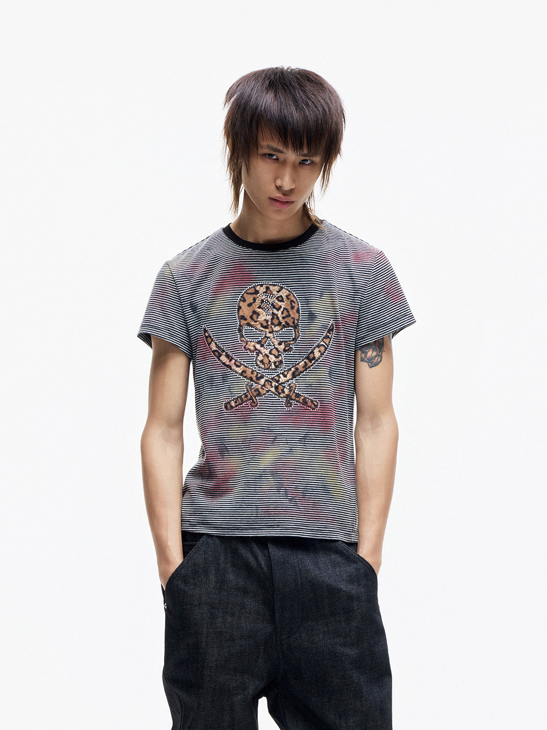 Leopard Skull Patch Stripe Short Sleeve T-Shirt WN27368