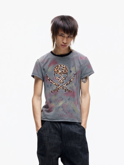 Leopard Skull Patch Stripe Short Sleeve T-Shirt WN27368