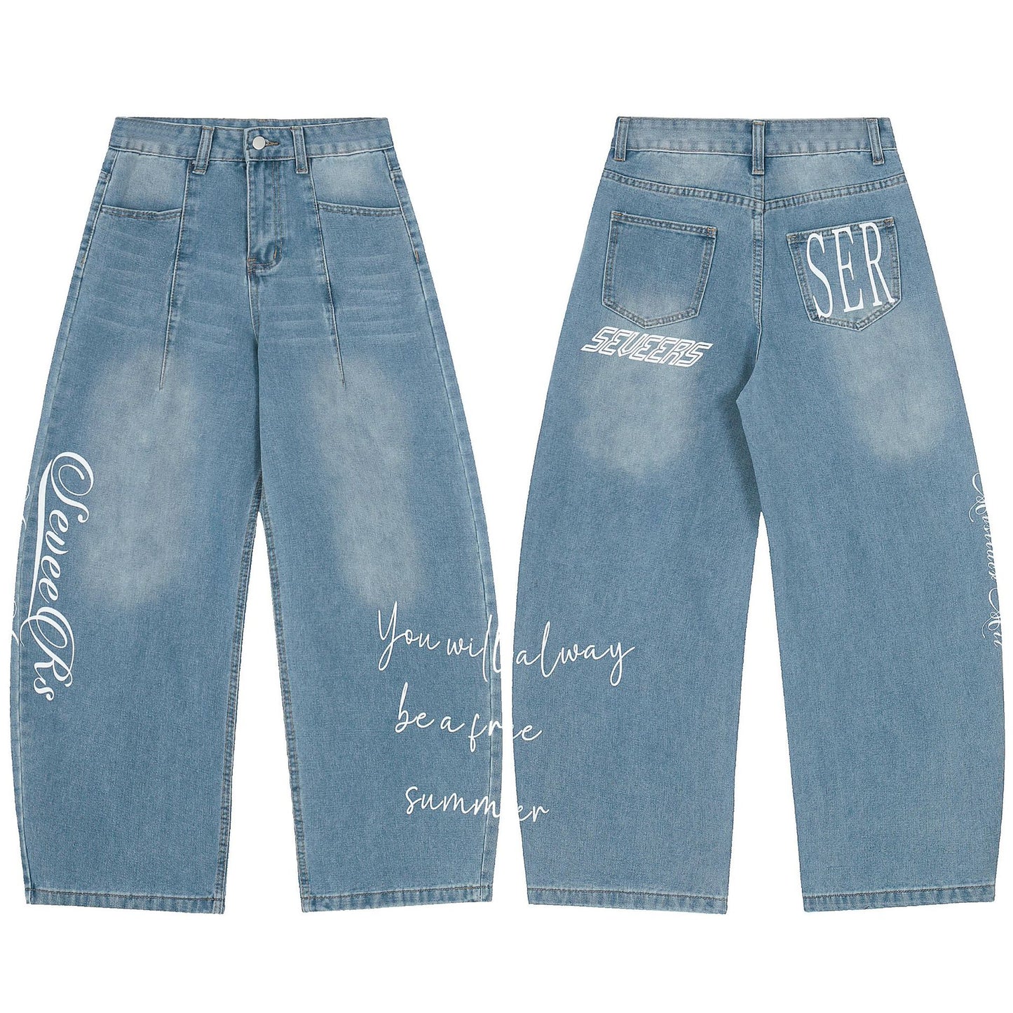Washed Letter Print Wide Leg Denim Jeans WN25563
