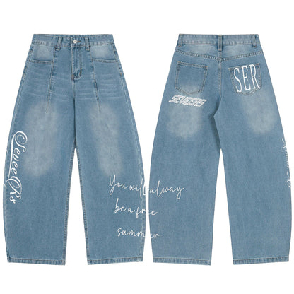Washed Letter Print Wide Leg Denim Jeans WN25563