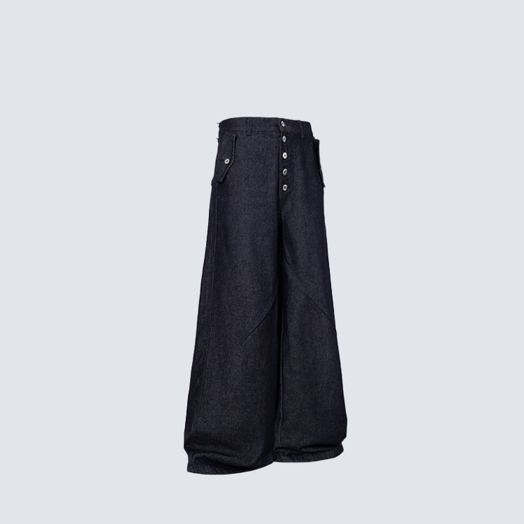 Multi-Button Deconstructed Draped Wide Leg Denim Jeans WN27903