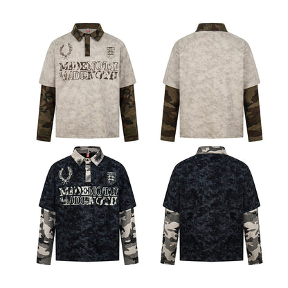 Polo Collar Fake Layered Tie-Dye Print Long Sleeve T-Shirt WN25703