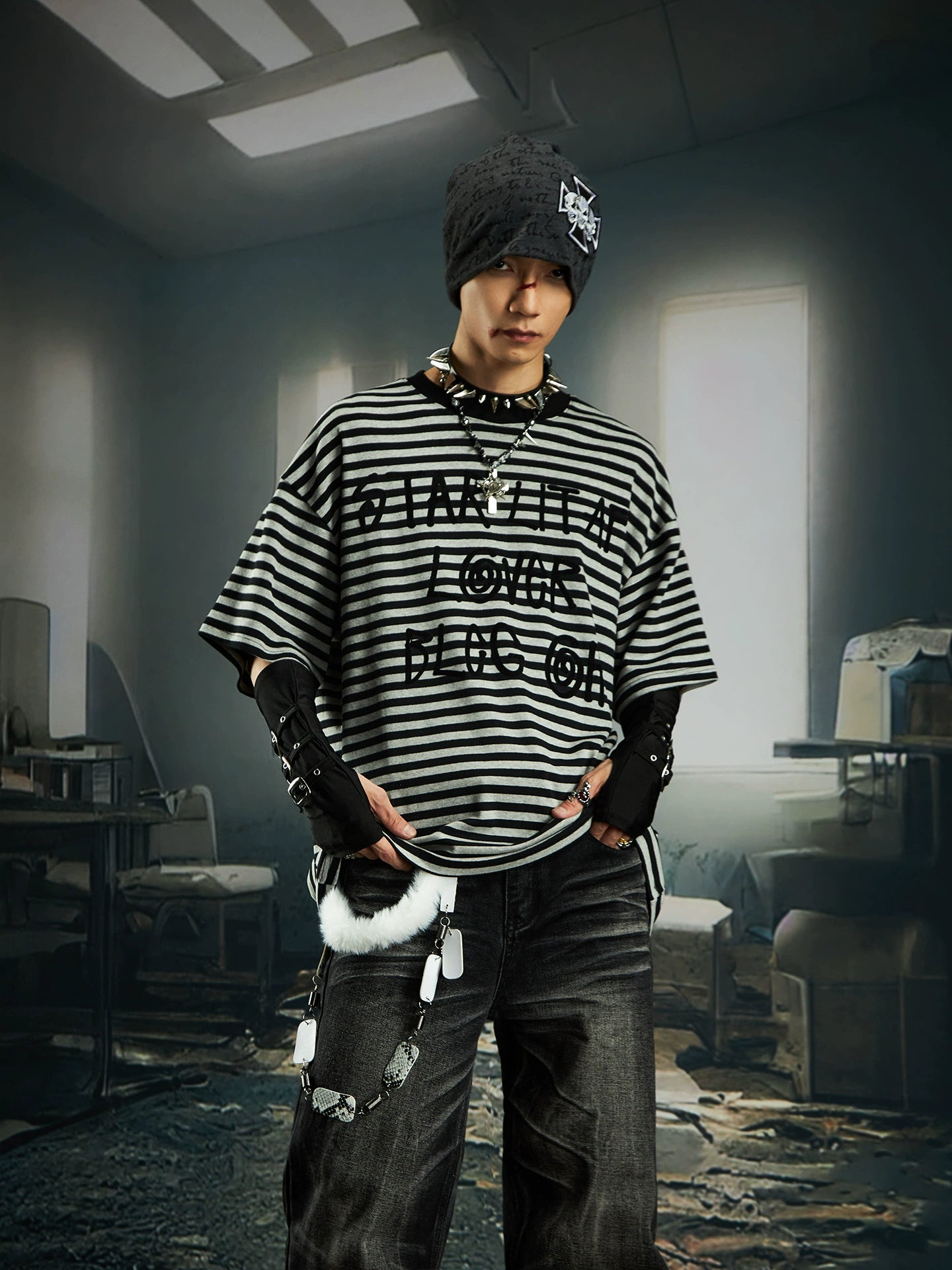 Stripe Letter Print Short Sleeve T-Shirt WN20552