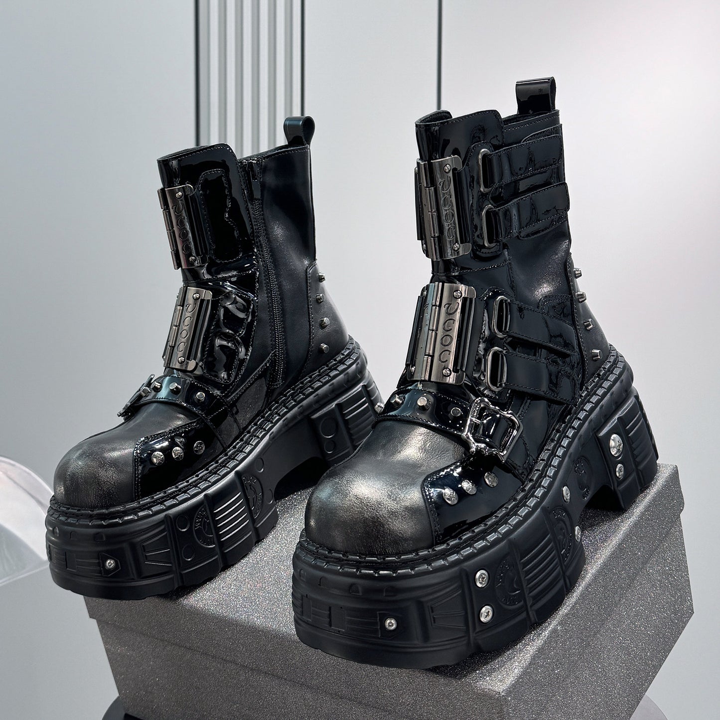 Patent Strap Buckle Studs Platform Short Boots WN24674