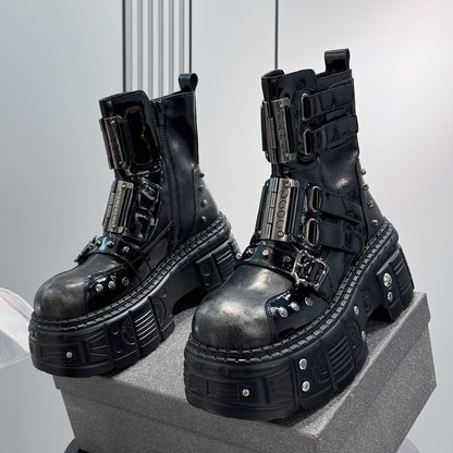 Patent Strap Buckle Studs Platform Short Boots WN24674