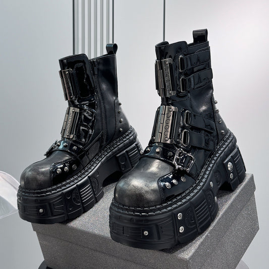 Patent Strap Buckle Studs Platform Short Boots WN24674