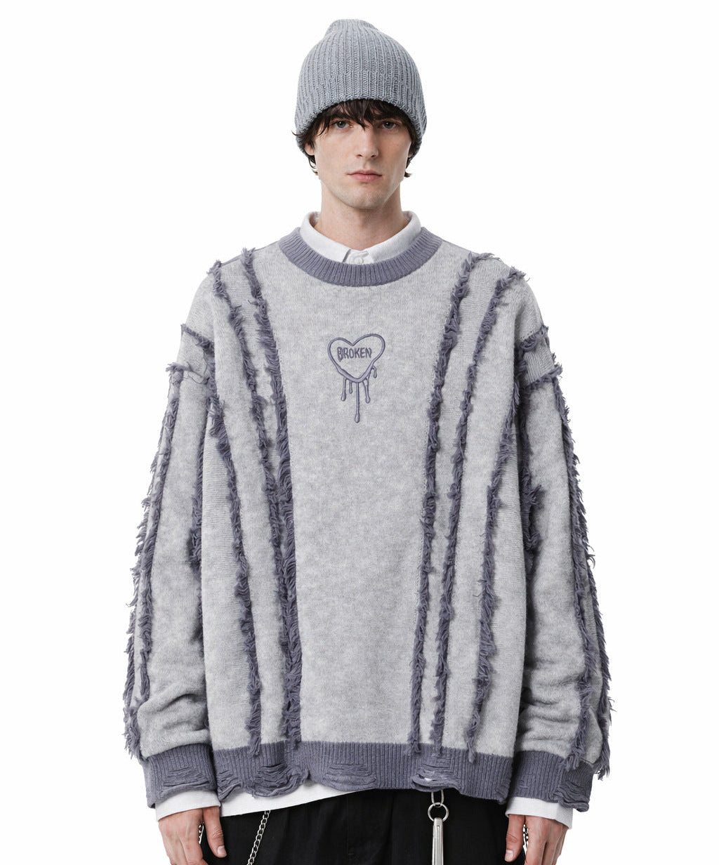 Frayed Stripe Heart Graphic Knit Sweater WN27969