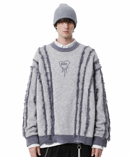 Frayed Stripe Heart Graphic Knit Sweater WN27969