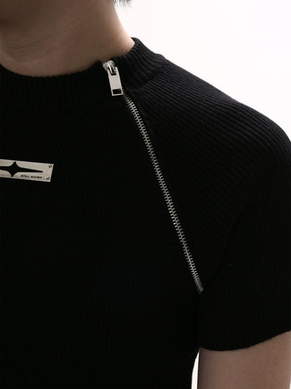 Zipper Design Slim Fit Short Sleeve Knit Top WN5633