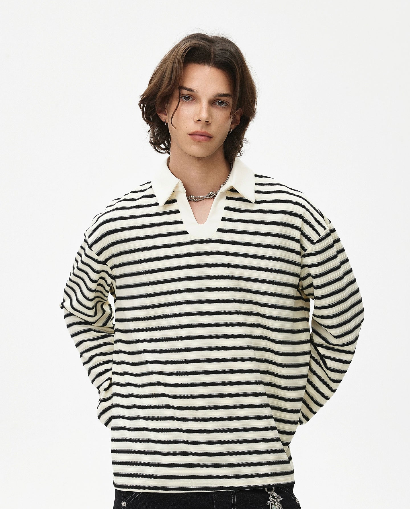 Stripe Polo-Collar Knit Long Sleeve Polo Shirt WN21448