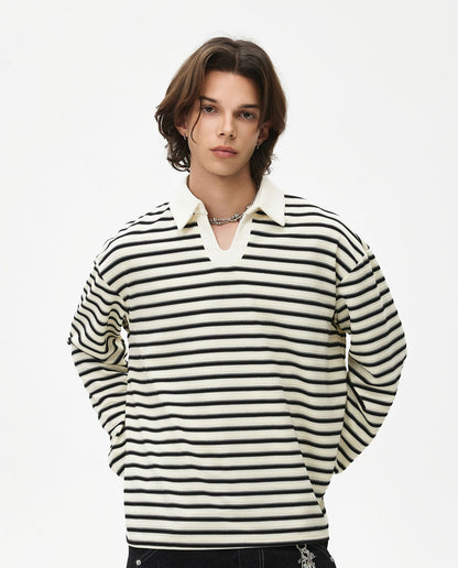 Stripe Polo-Collar Knit Long Sleeve Polo Shirt WN21448