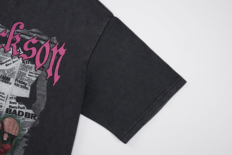Washed Portrait Letter Print Short Sleeve T-Shirt WN25764