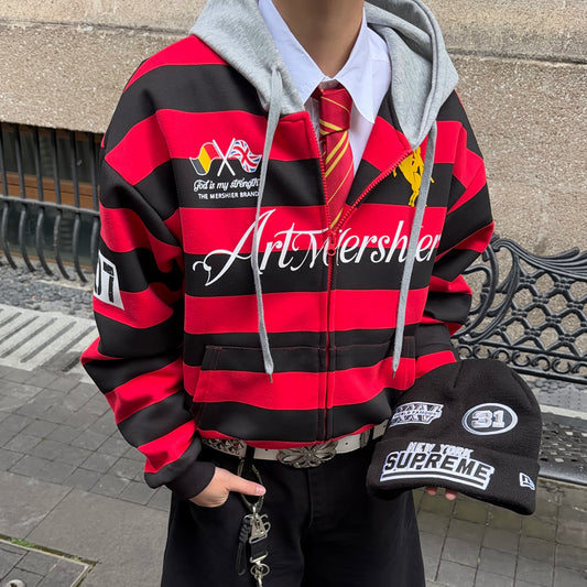 Stripe Graphic Logo Oversize Zipper Hoodie WN24403