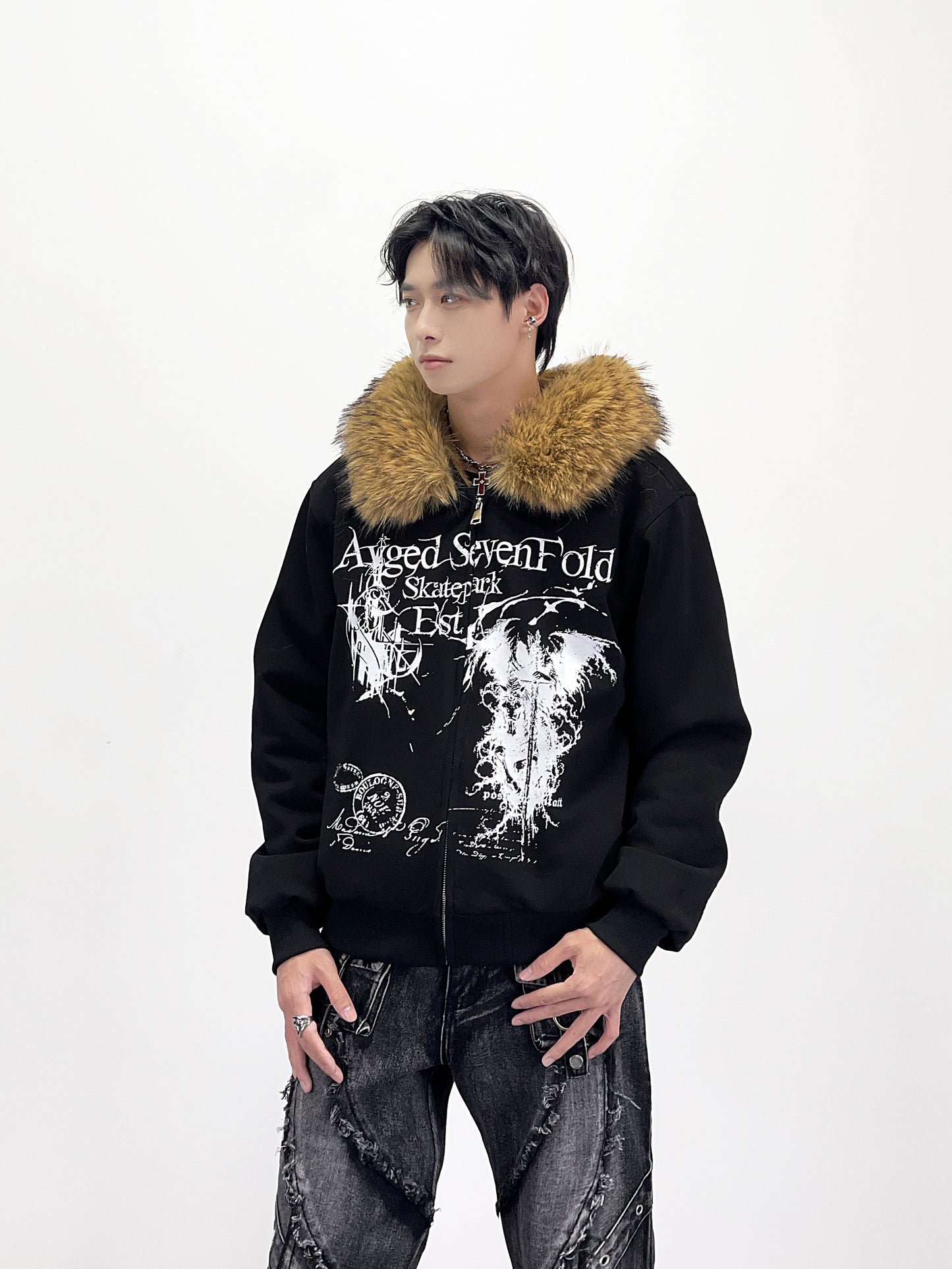 Detachable Fake Fur Collar Zipper Hooded Jacket WN24269