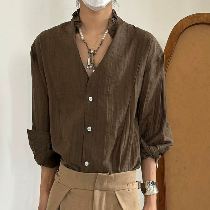 Pleats Lace V-Neck Elegant Long Sleeve Shirt WN19992