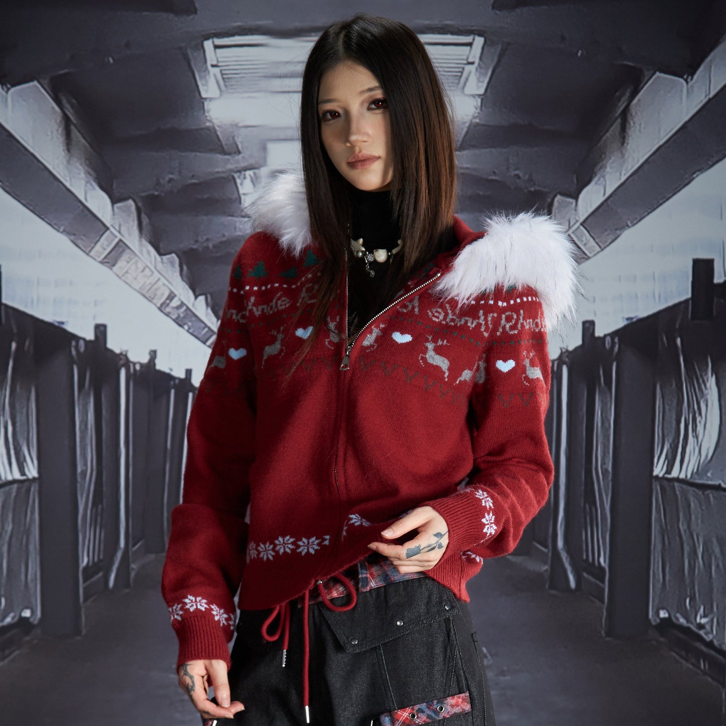 Detachable Fake Fur Hooded Zipper Knit Cardigan WN22845