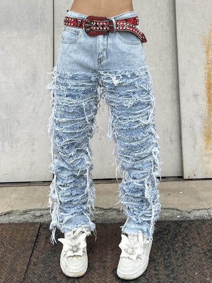 Washed Heavy Detail Fringe Straight Denim Jeans WN24094