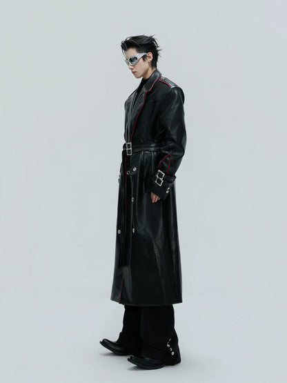 Crocodile Texture Shoulder-Pad Belted PU Leather Long Coat WN21735