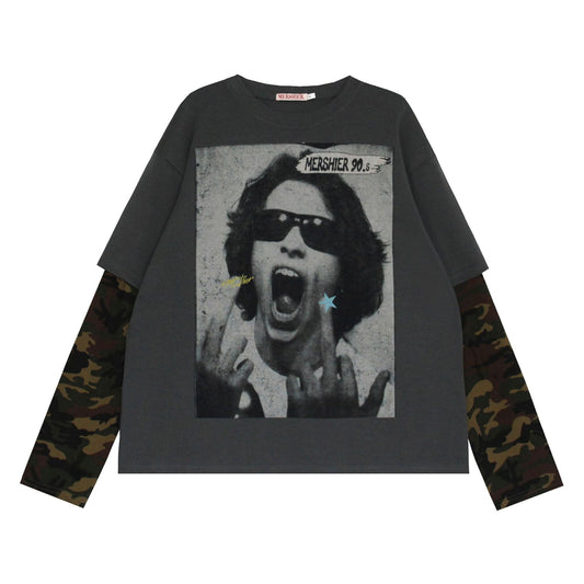 Oversize Graphic Fake Layered Long Sleeve T-Shirt WN13136