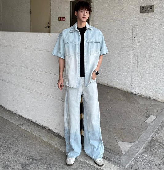 Gradient Wash Short Sleeve Denim Shirt & Wide Leg Denim Jeans Setup WN25338